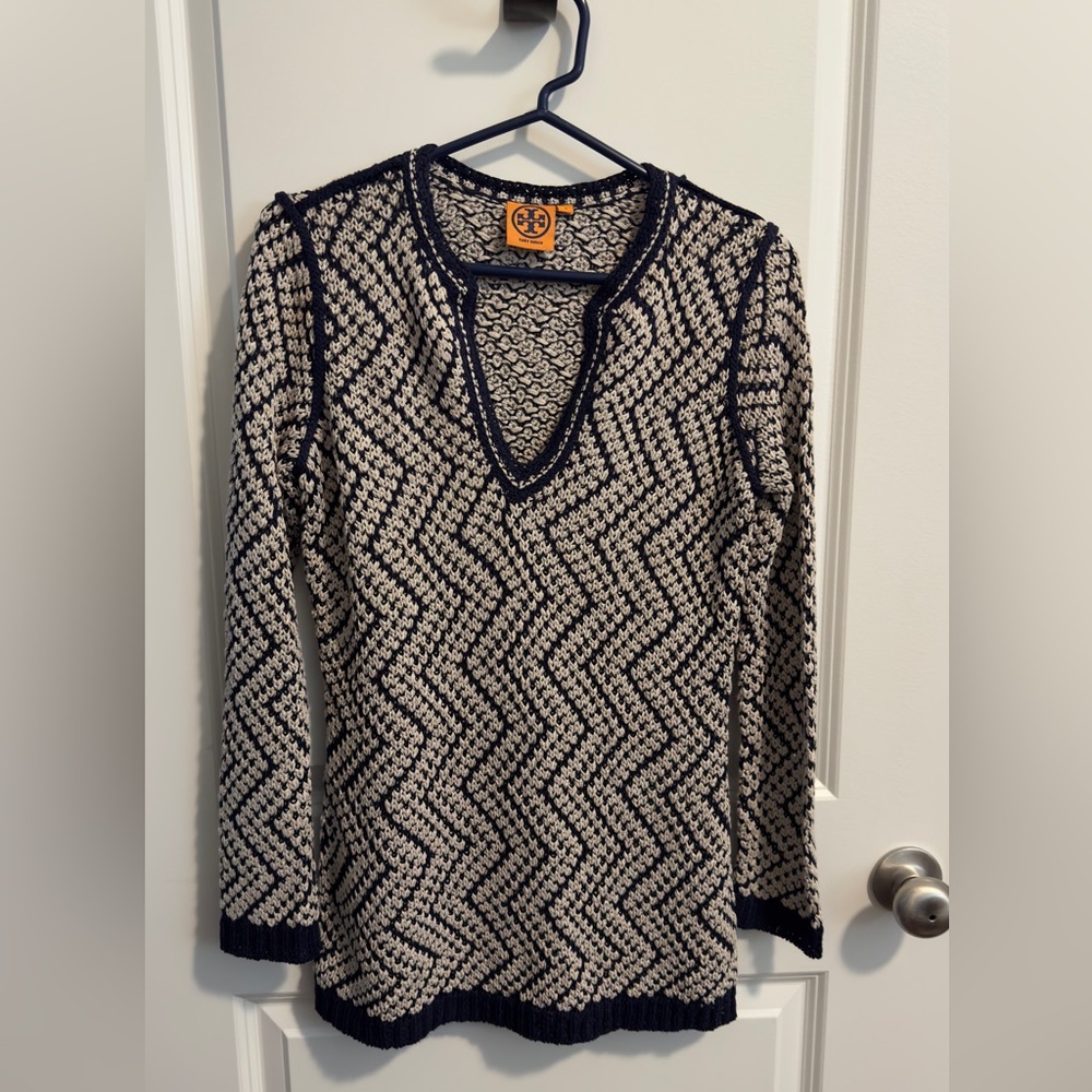Tory Burch Blue and Oatmeal Tunic Sweater Size Small